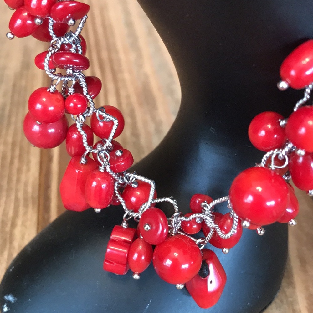Elegant Red Coral Hearts and Flowers Bracelet